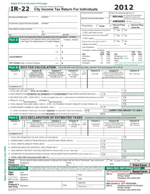 IR-22 City Income Tax Return For Individuals 2012