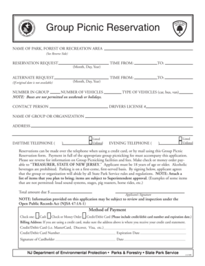 New Jersey Group Picnic Reservation Form