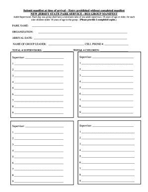 New Jersey State Park Service Bus Group Manifest