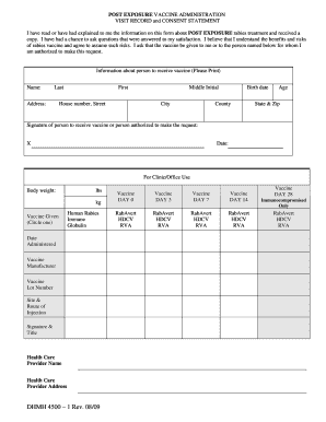 Post Exposure Rabies Vaccine Administration Form