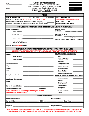 Austin Birth or Death Record Request Form