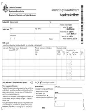 Tasmanian Freight Equalisation Scheme Supplier’s Certificate