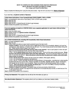 Summer Food Service Program Meal Benefit Income Eligibility Form