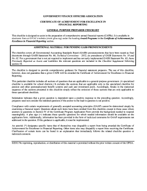 Certificate of Achievement for Excellence in Financial Reporting Checklist