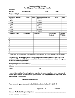 Virginia Travel Request Form & Passenger Manifest