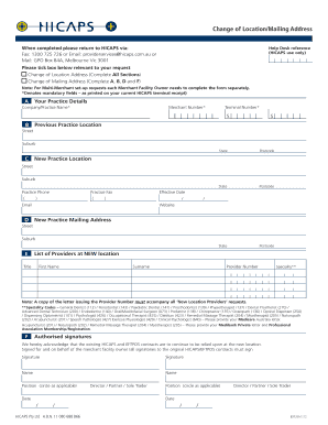 HICAPS Change of Location/Mailing Address Form