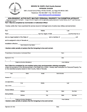 Nevada Non-Resident Military Property Tax Exemption Affidavit