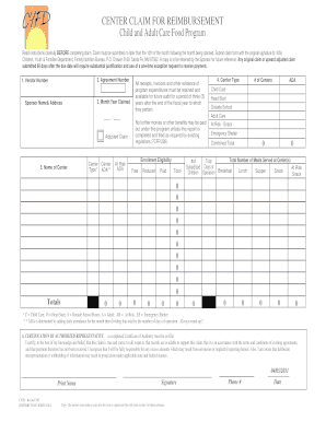 Child and Adult Care Food Program Reimbursement Claim