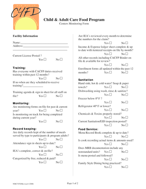 Child & Adult Care Food Program Centers Monitoring Form