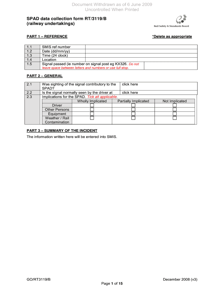 SPAD data collection form RT/3119/B (railway undertakings) Preview on Page 1.