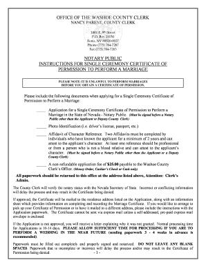 Nevada Single Ceremony Certificate of Permission to Perform a Marriage