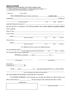 Trust as Owner Certificate of Business Fictitious Firm Name