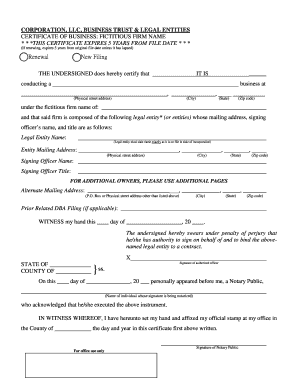 Certificate of Business Fictitious Firm Name