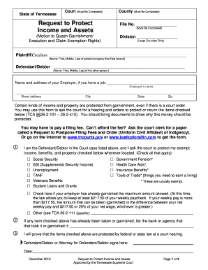 Tennessee Request to Protect Income and Assets