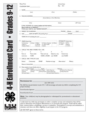 4-H Enrollment Card