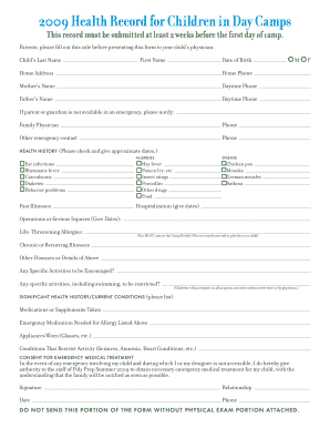 2009 Health Record for Children in Day Camps