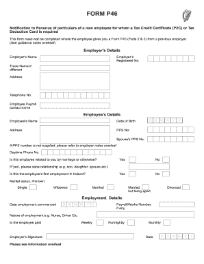 Ireland Form P46 for New Employee Tax Credit Certificate