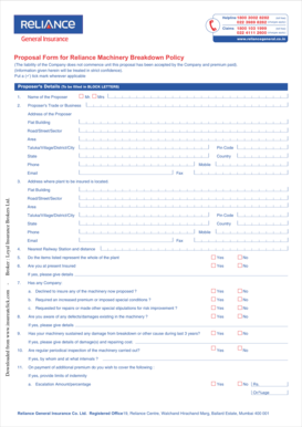 Reliance Machinery Breakdown Policy Proposal Form