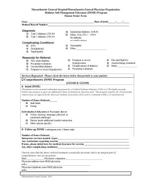Massachusetts General Hospital Diabetes Self-Management Education Program Order Form