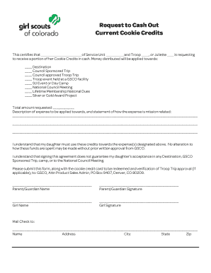 Girl Scouts Cookie Credits Cash Out Request