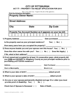 City of Pittsburgh Act 77 Property Tax Relief Application 2014