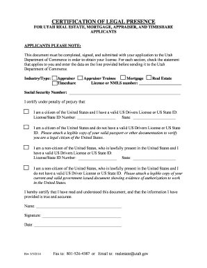 Utah Certification of Legal Presence