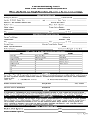 Charlotte-Mecklenburg Schools Student-Athlete Pre-Participation Form