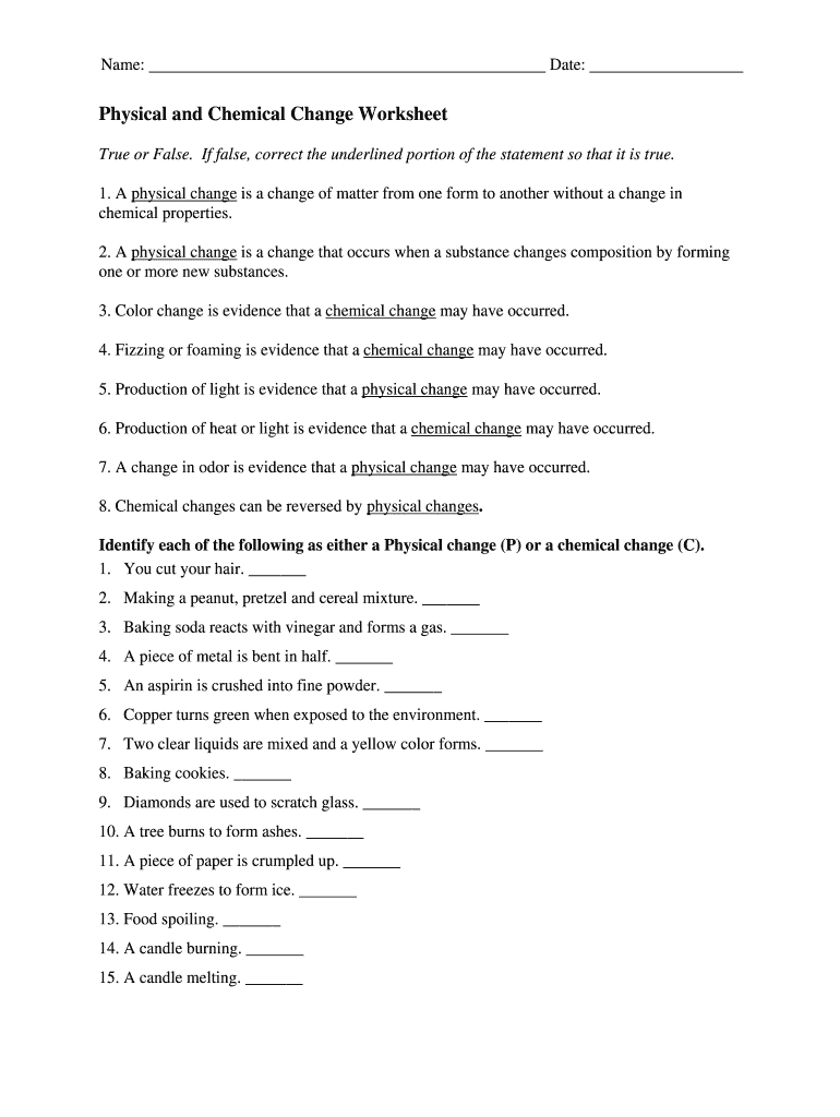 physical and chemical changes worksheet with answers Preview on Page 1.