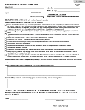 New York Commercial Division Request for Judicial Intervention Addendum