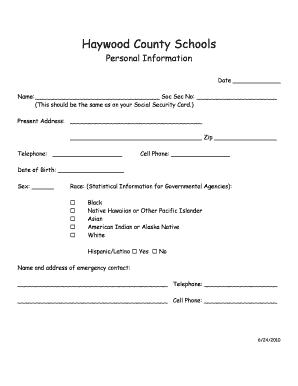 Haywood County Schools Personal Information Form