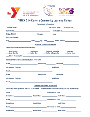 YMCA 21st Century Community Learning Centers Participant Form