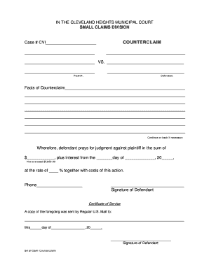 Cleveland Heights Small Claims Counterclaim Form