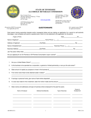 Tennessee Alcoholic Beverage Commission Questionnaire