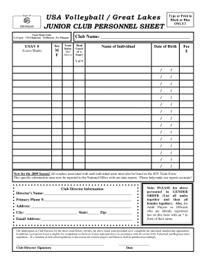 USA Volleyball Junior Club Personnel Sheet