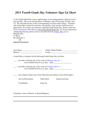 2011 Fourth Grade Day Volunteer Sign Up Sheet As the Fourth Grade Day event is approaching, we are asking parents to help out in any way possible - natickps