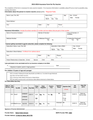 2013-2014 Insurance Form for Flu Vaccine