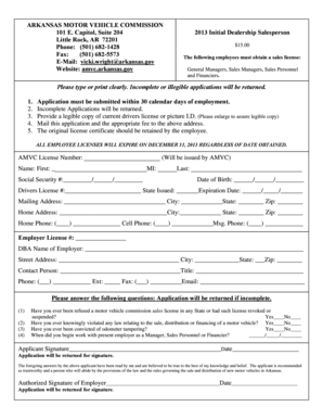 Arkansas Motor Vehicle Salesperson License Application