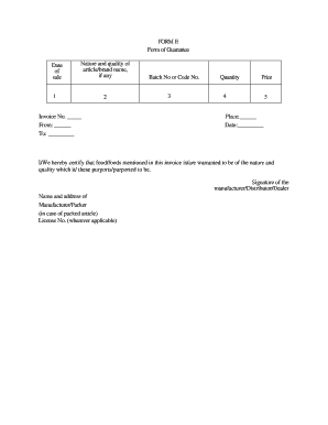 Form of Guarantee for Food Products