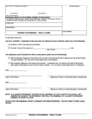 Request for Dismissal – Small Claims