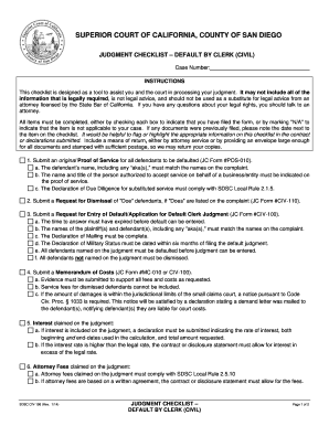 California Judgment Checklist Default by Clerk Civil