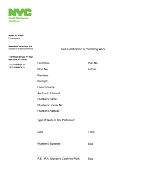 New York Plumbing Work Self-Certification Form