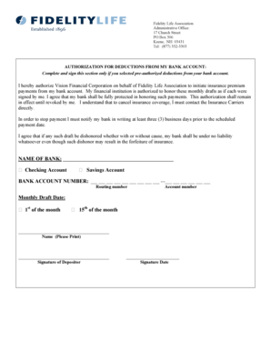 Fidelity Life Association Bank Deduction Authorization