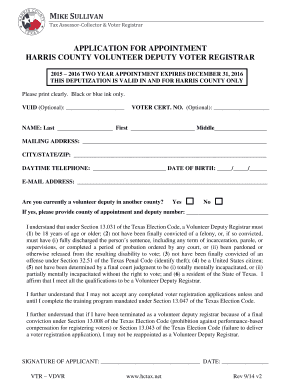 Harris County Volunteer Deputy Voter Registrar Application