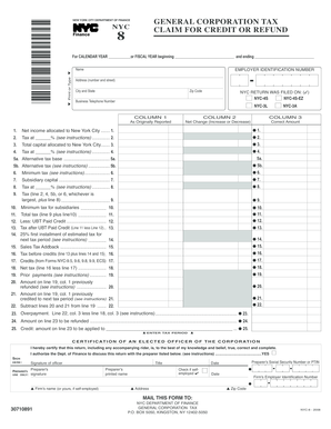 NYC General Corporation Tax Claim for Credit or Refund