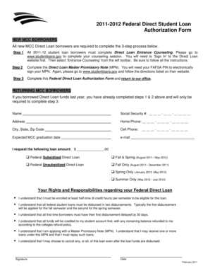 2011-2012 Federal Direct Student Loan Authorization Form