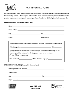 Fax Referral Form for Tobacco Cessation