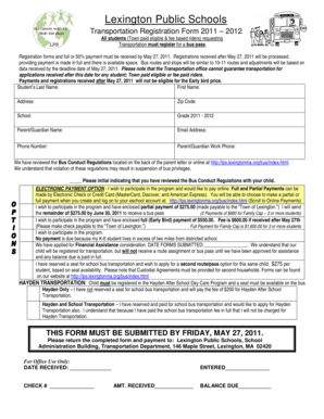 Lexington Public Schools Transportation Registration Form