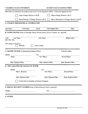 Valdosta State University Student Data Change Form