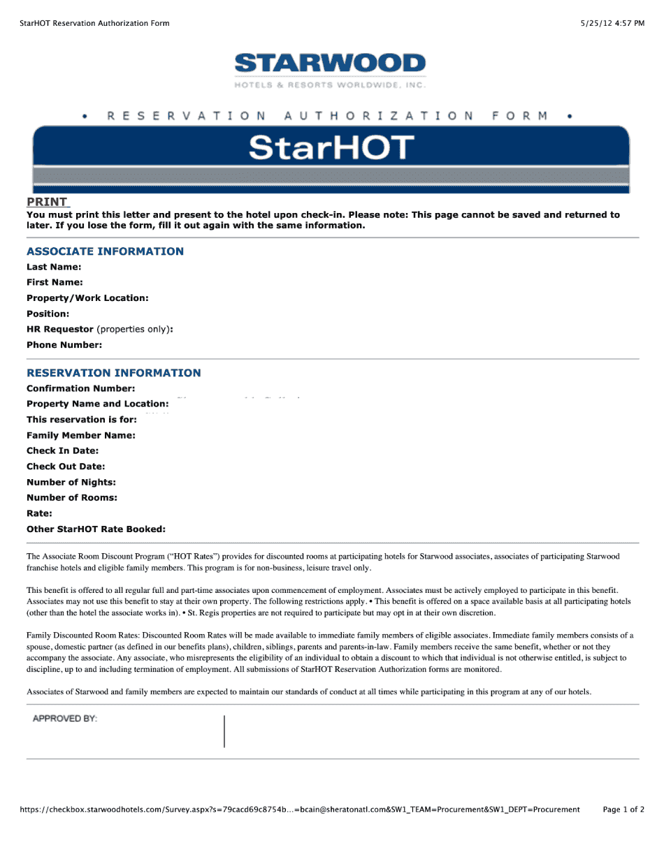 Starhot Reservation authorization Form