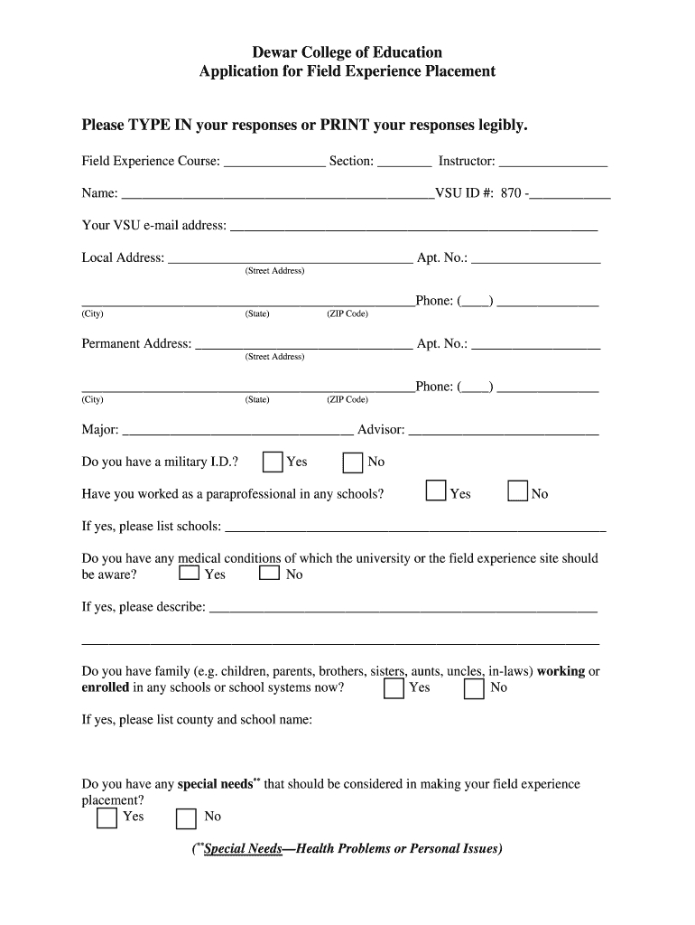 Fillable Online valdosta Dewar College of Education Application for Field Experience Fax